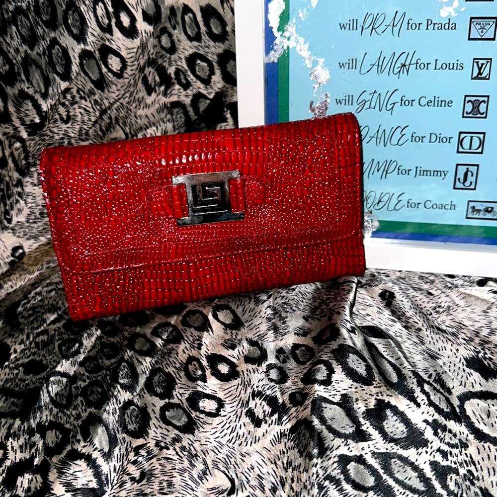 Red croc embossed wallet needs tlc